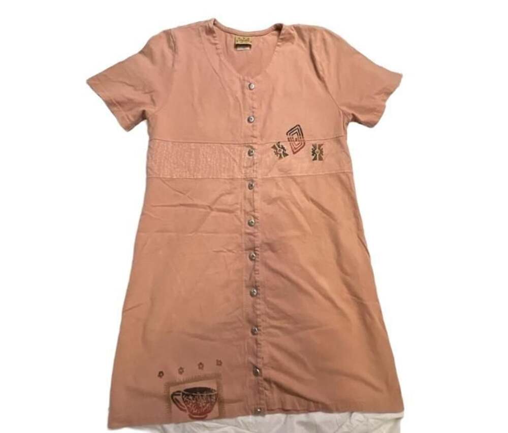 Blue Fish Blue Cactus Button-Down Dress Size XL Cotton Coffee Cup Graphic